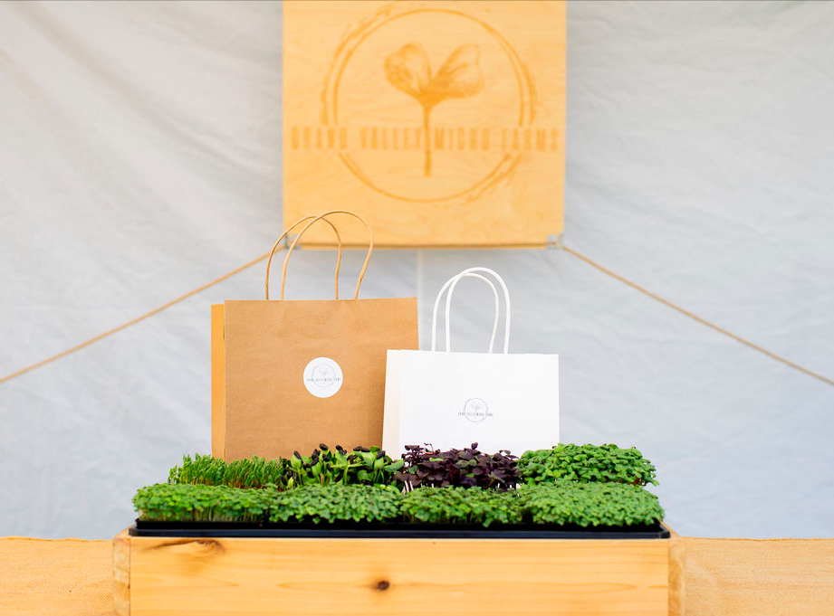 Display of fresh microgreens and eco-friendly packaging at Grand Valley Micro Farms, showcasing sustainable farming practices and local produce.